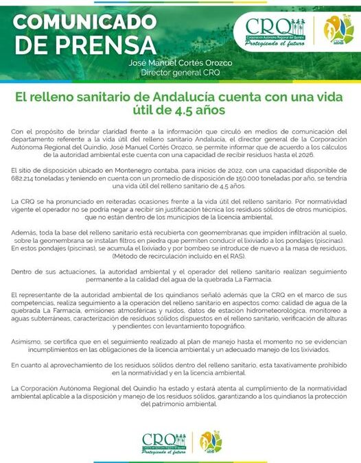 El relleno sanitario de anda luicia cuenta con una vida útil de 4.5 años.