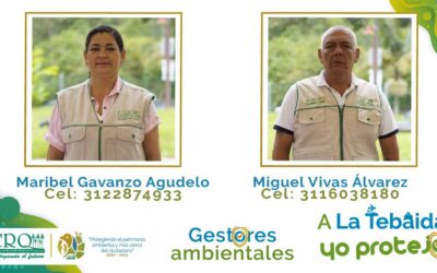 Miguel Fernando Vivas Álvarez y Maribel Gavanzo Agudelo son los gestores ambientales de La Tebaida. Conozca las actividades que cumplen en su municipio: atención de denuncias, PQRS, recepción de temas ambientales, monitoreo por afectaciones ambientales o daños a los ecosistemas y socialización del nuevo código de colores para la separación de residuos sólidos, entre otras.  Recuerde que los trámites ante los gestores ambientales no tienen costo.